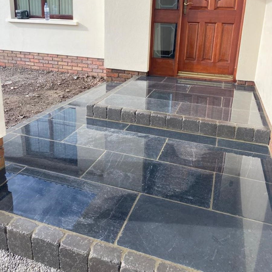 Front entrance completed using Blue Limestone Paving with a Honed and Tumbled Finish.