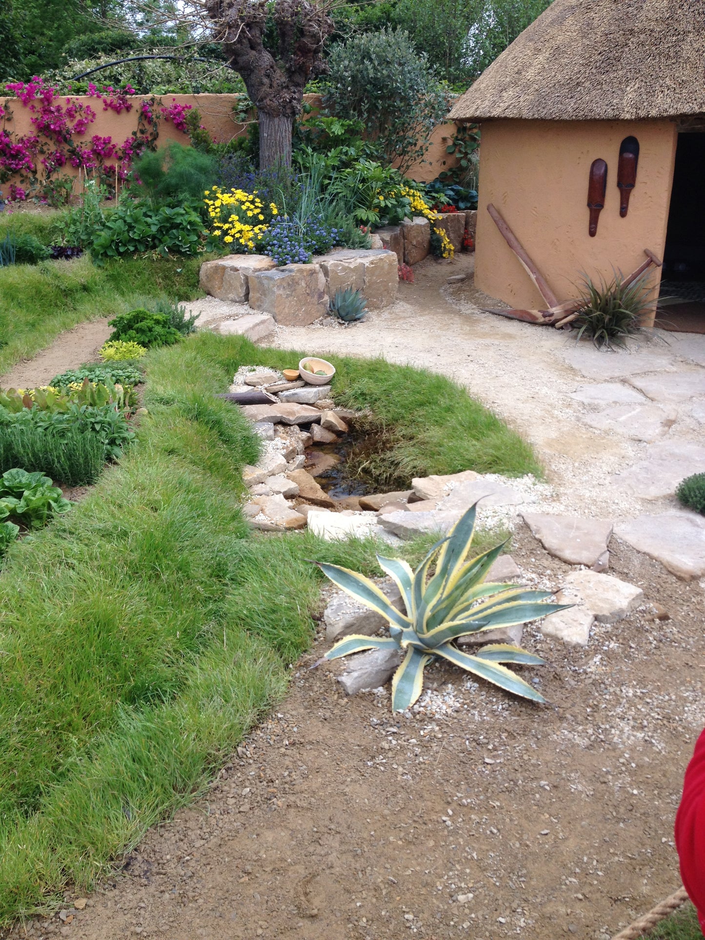 Garden with a small pond, plants, and a thatched-roof building. Mountcharles Sandstone Rockery also featured in the garden design.