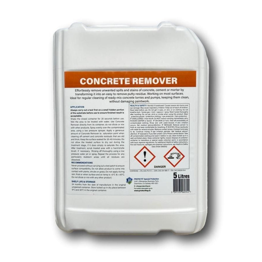 A 5 litre container of PROTECTiT Concrete Remover with a label showing the product name and an image of a concrete surface.