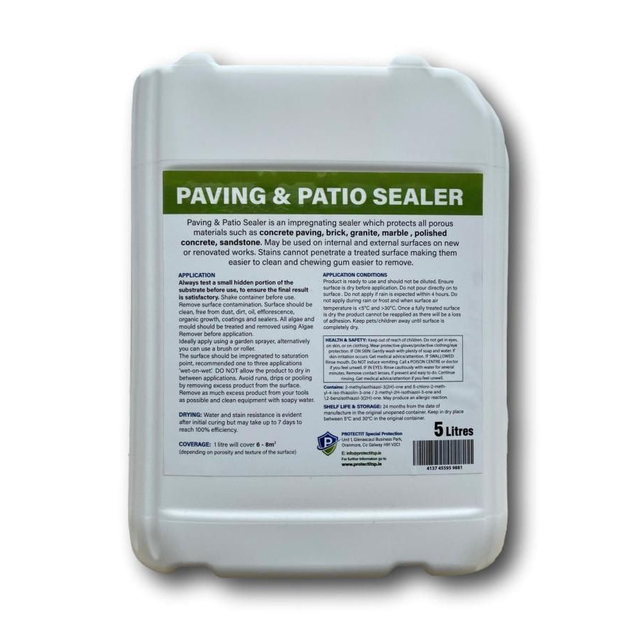 The back of a 5 litre container of PROTECTiT Paving & Patio Sealer with a label showing an image of a clean, wet patio surface.