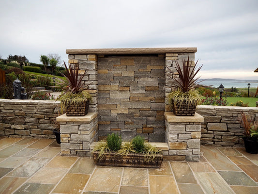 Donegal Quartzite Sawn Paving, Machined Walling Stone and Wall Capping. 