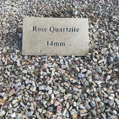 Small display area of 14mm Rose Gold Quartzite Stone Chipping with sandstone plaque engraved 'Rose Quartzite 14mm' 