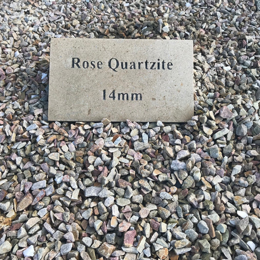 Small display area of 14mm Rose Gold Quartzite Stone Chipping with sandstone plaque engraved 'Rose Quartzite 14mm' 