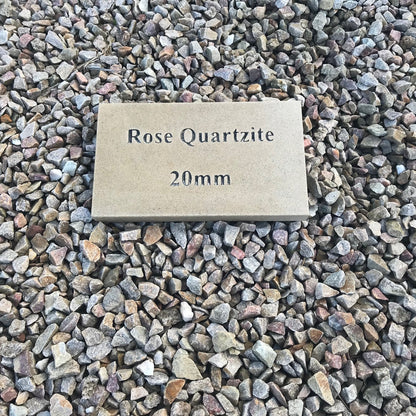 Display area of 20mm Rose Gold Quartzite Stone Chipping with a sandstone plaque that reads 'Rose Quartzite 20mm'  