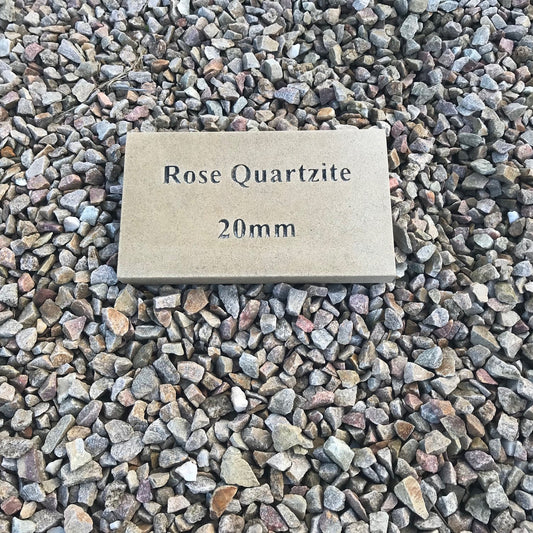Display area of 20mm Rose Gold Quartzite Stone Chipping with a sandstone plaque that reads 'Rose Quartzite 20mm'  