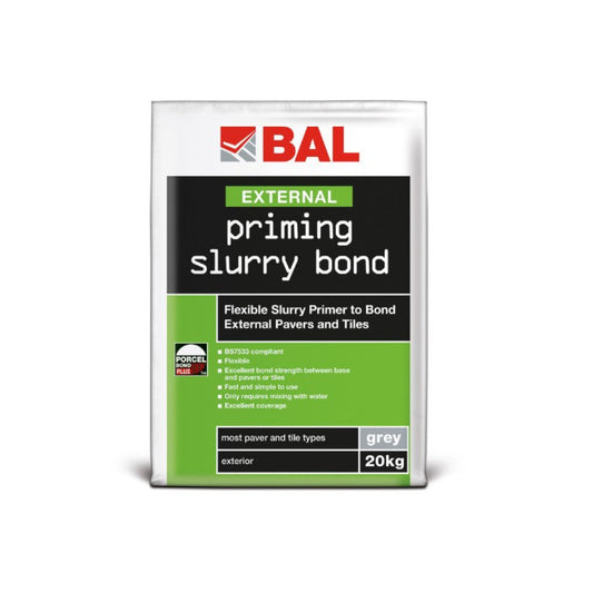 A 20kg bag of BAL External priming slurry bond for bonding external pavers and tiles, in a grey color, with product details and branding on the packaging.
