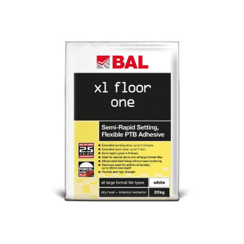 A sealed bag of BAL XL Floor One semi-rapid setting adhesive with product details visible on the label.