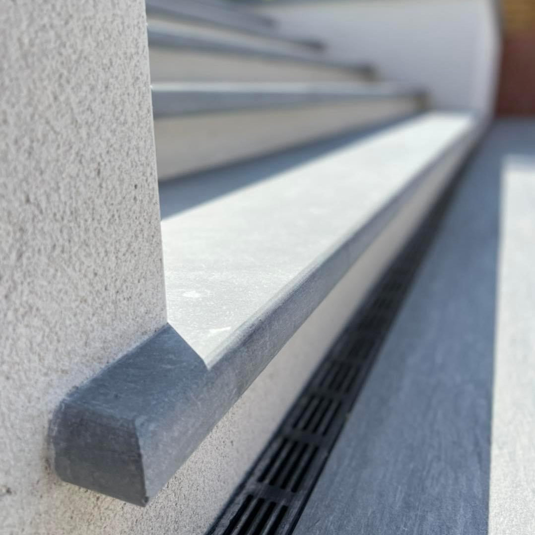 A close up detail of Bespoke Blue Limestone Steps.