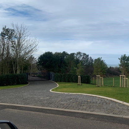Winding road leading to a private house with trees and open sky. Laneway was completed using Black Granite Cobbles in 100 x 100mm size. 