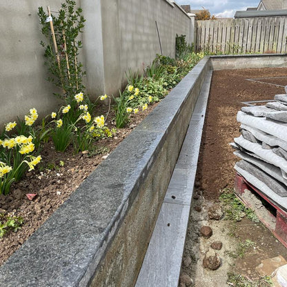 Garden bed with yellow flowers next to a concrete wall. Planter wall features Black Granite Wall Capping. 