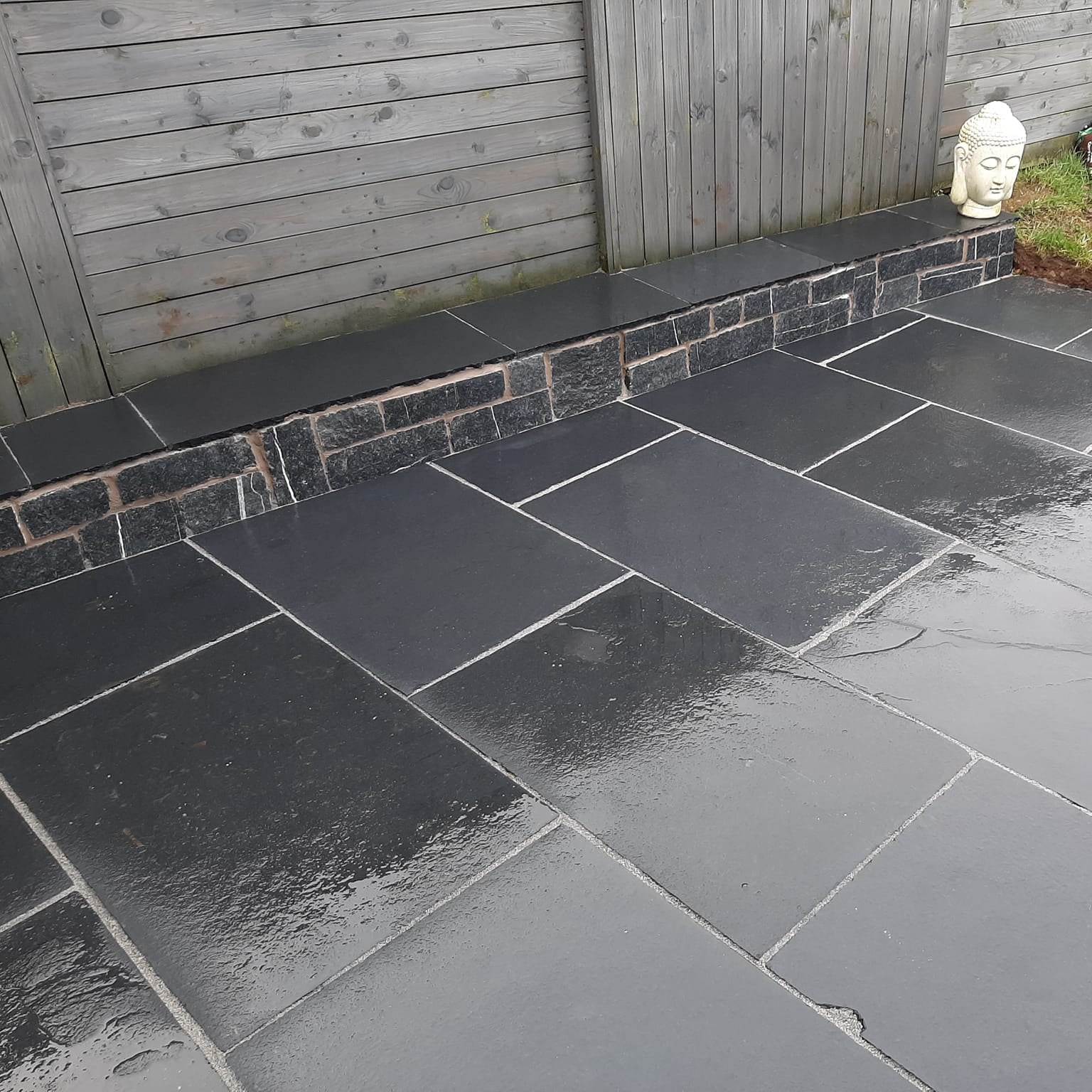 Close up of Black Limestone Paving in 900 x 600mm size. Photographed wet. 