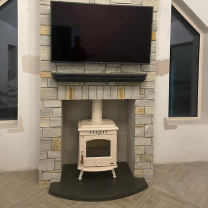 Bespoke Blue Limestone Hearth and Mantel with a Sanded Finish and treated with PROTECTiT Colour Restorer. 