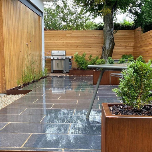 Blue Limestone Paving with a Honed and Tumbled finish. 