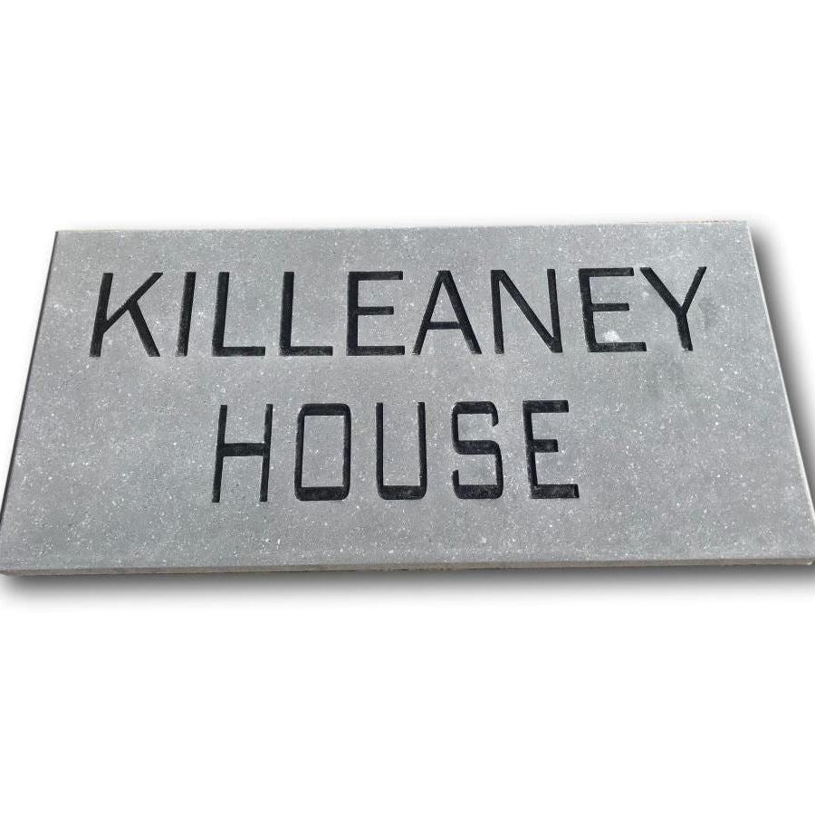 Bespoke Blue Limestone Rectangular  Plaque with 'KILLEANEY HOUSE' engraved on a white background