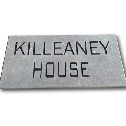 Bespoke Blue Limestone Rectangular  Plaque with 'KILLEANEY HOUSE' engraved on a white background