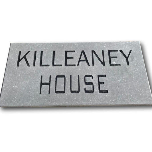 Bespoke Blue Limestone Rectangular  Plaque with 'KILLEANEY HOUSE' engraved on a white background
