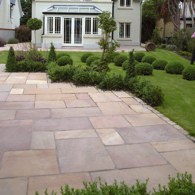 Patio featuring Camel Dust Sandstone paving patio pack sizes.  