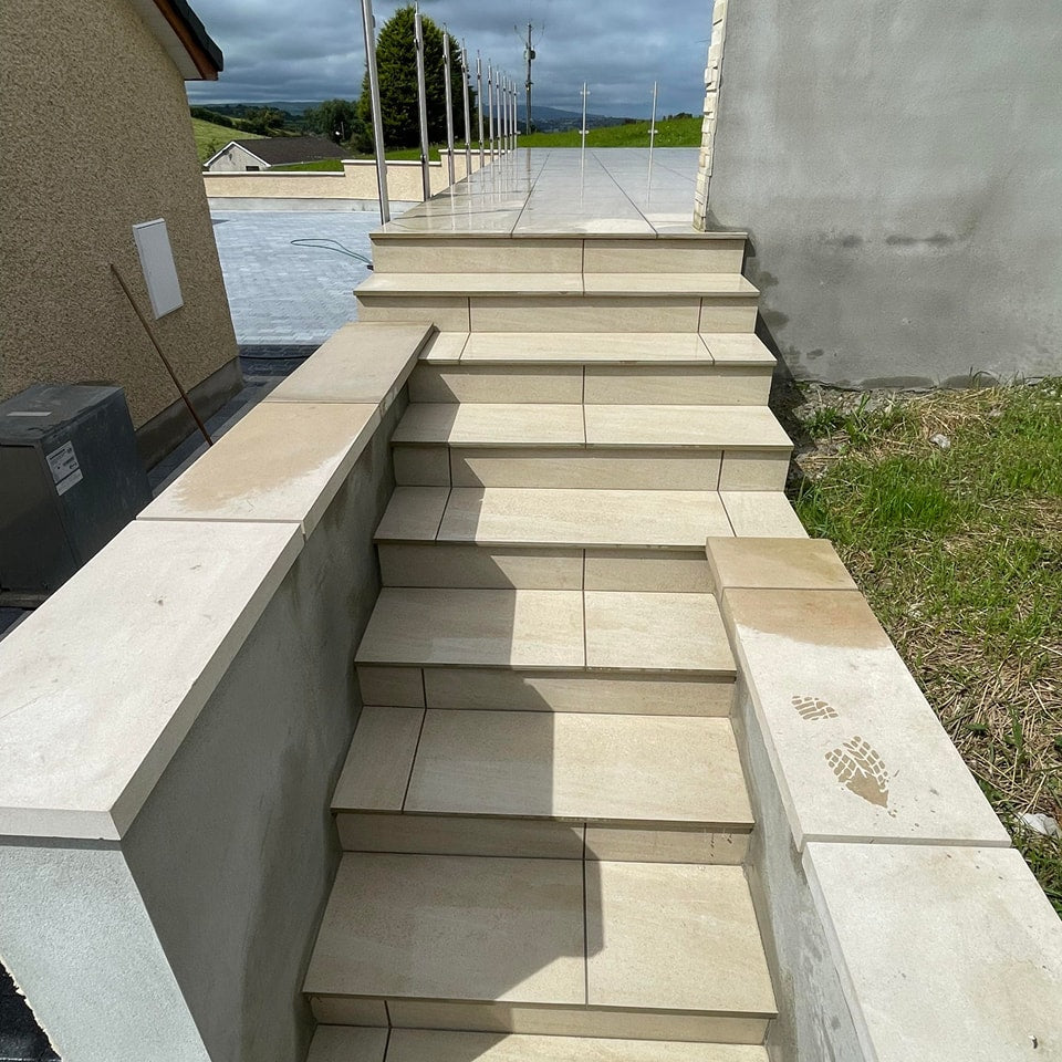 Patio stairs completed using Camel Jewel Range Porcelain Paving. 