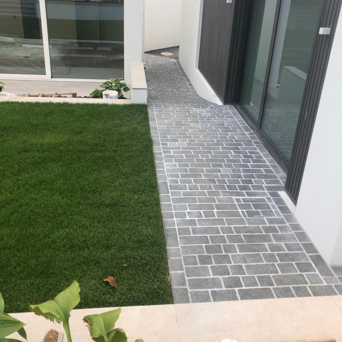 Pathway completed using Coachman's Black Granite Paving Setts, showing a contemporary look with a flamed surface finish and tumbled edges. Paving setts were photographed dry. 
