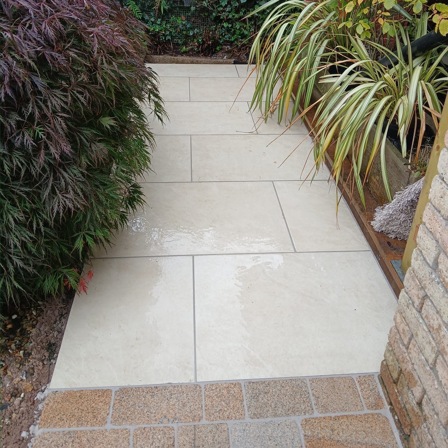 Modern pathway with planting on either side featuring Coachman's Gold Granite Paving Setts.