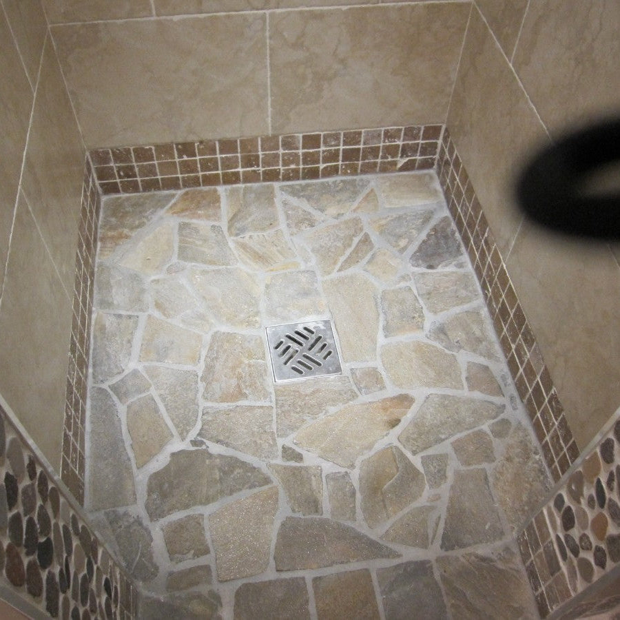 Donegal Quartzite Crazy Paving installed in a shower area. 