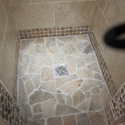 Donegal Quartzite Crazy Paving installed in a shower area. 