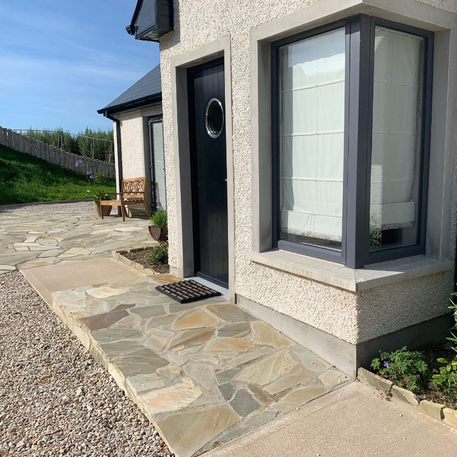 Entrance ramp and patio area in Donegal Quartzite Crazy Paving. 