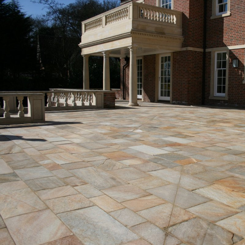 Large patio area finished in Donegal Quartzite Sawn Paving. 