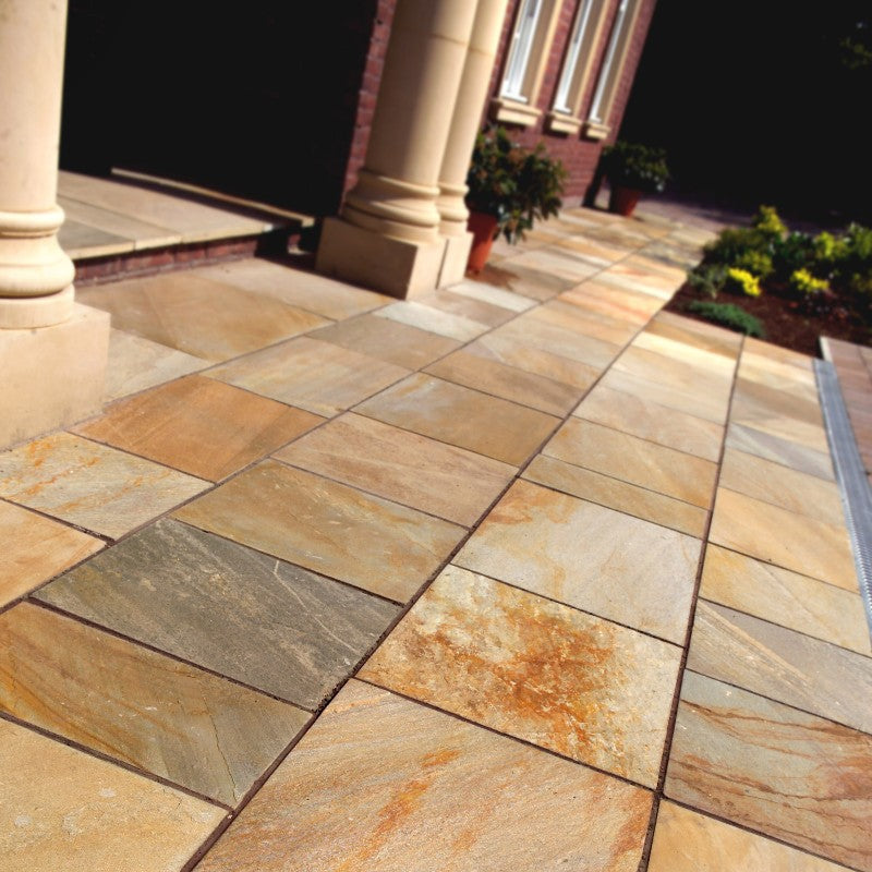 Close up of Donegal Quartzite Sawn Paving installed at home entrance. 