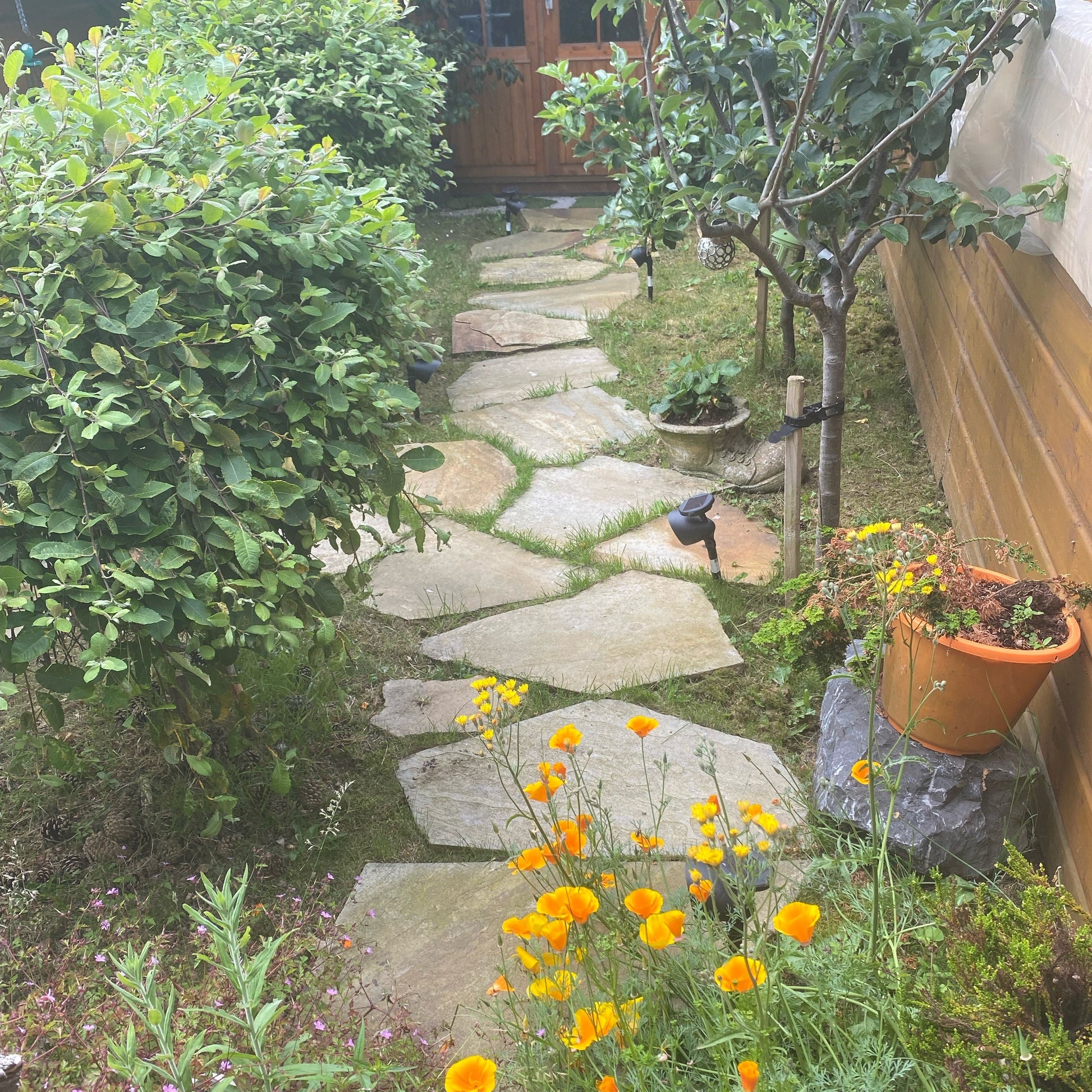 Garden with flowers, stepping stones and a wooden structure