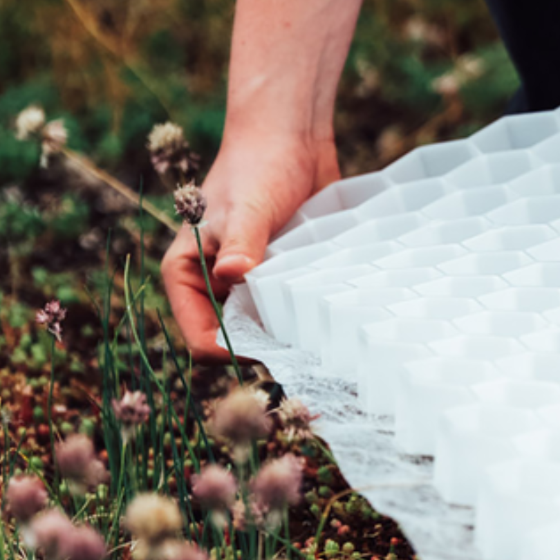 A close-up outdoor shot of a person's hand holding a white, honeycomb-like flexible sheet over a natural ground with small pink flowers and greenery.