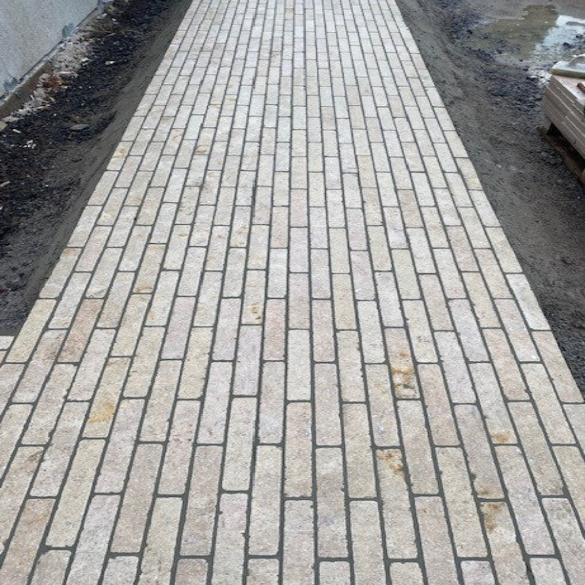 A pathway laid out with Egyptian limestone setts in a natural beige colour.