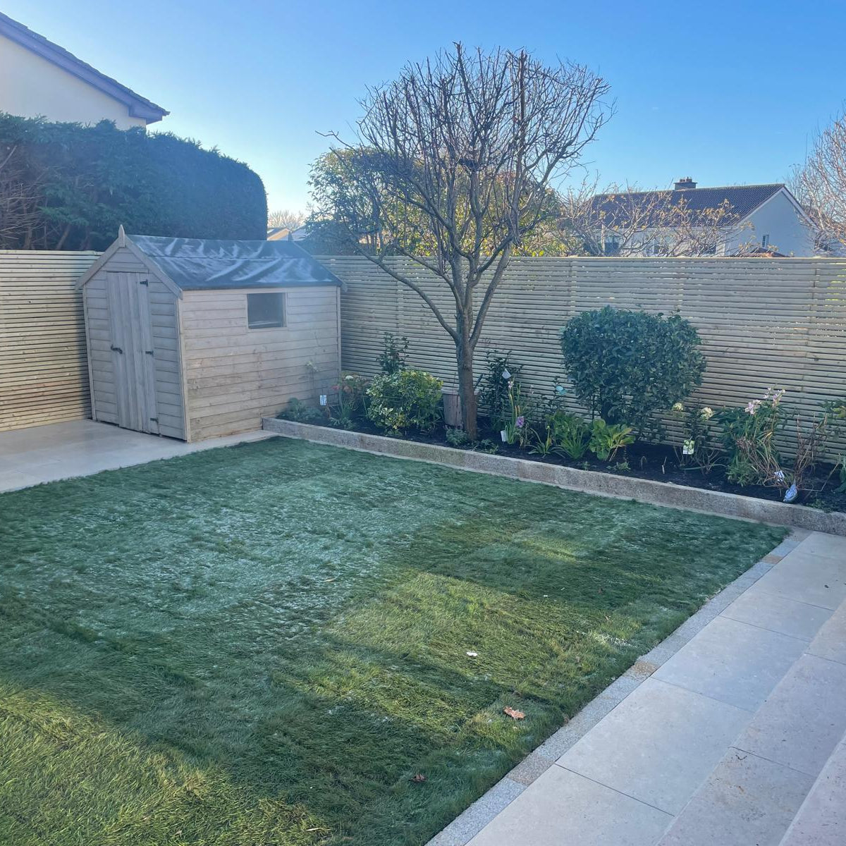 Backyard with grass, shed, and trees. Grass is bordered by Egyptian Limestone Paving Setts. 