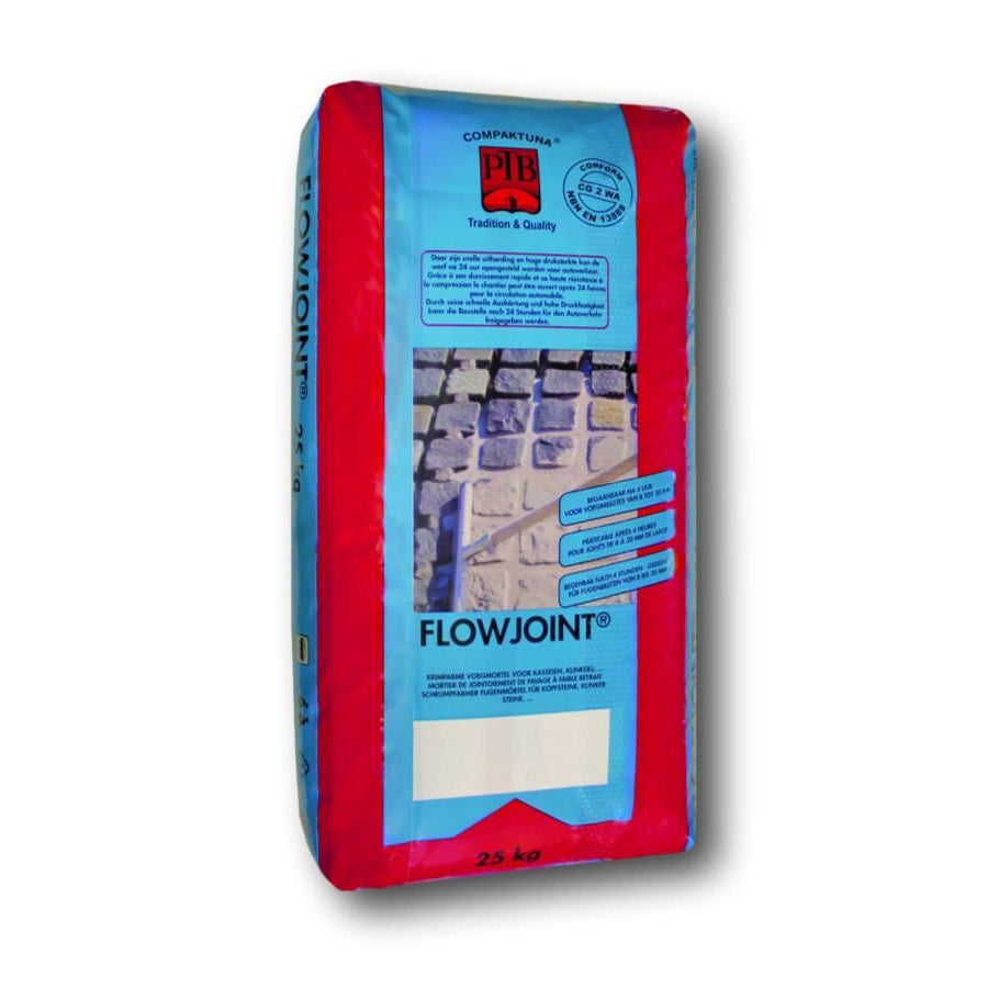 A package of FLOWJOINT light grey grout in a 25Kg bag.