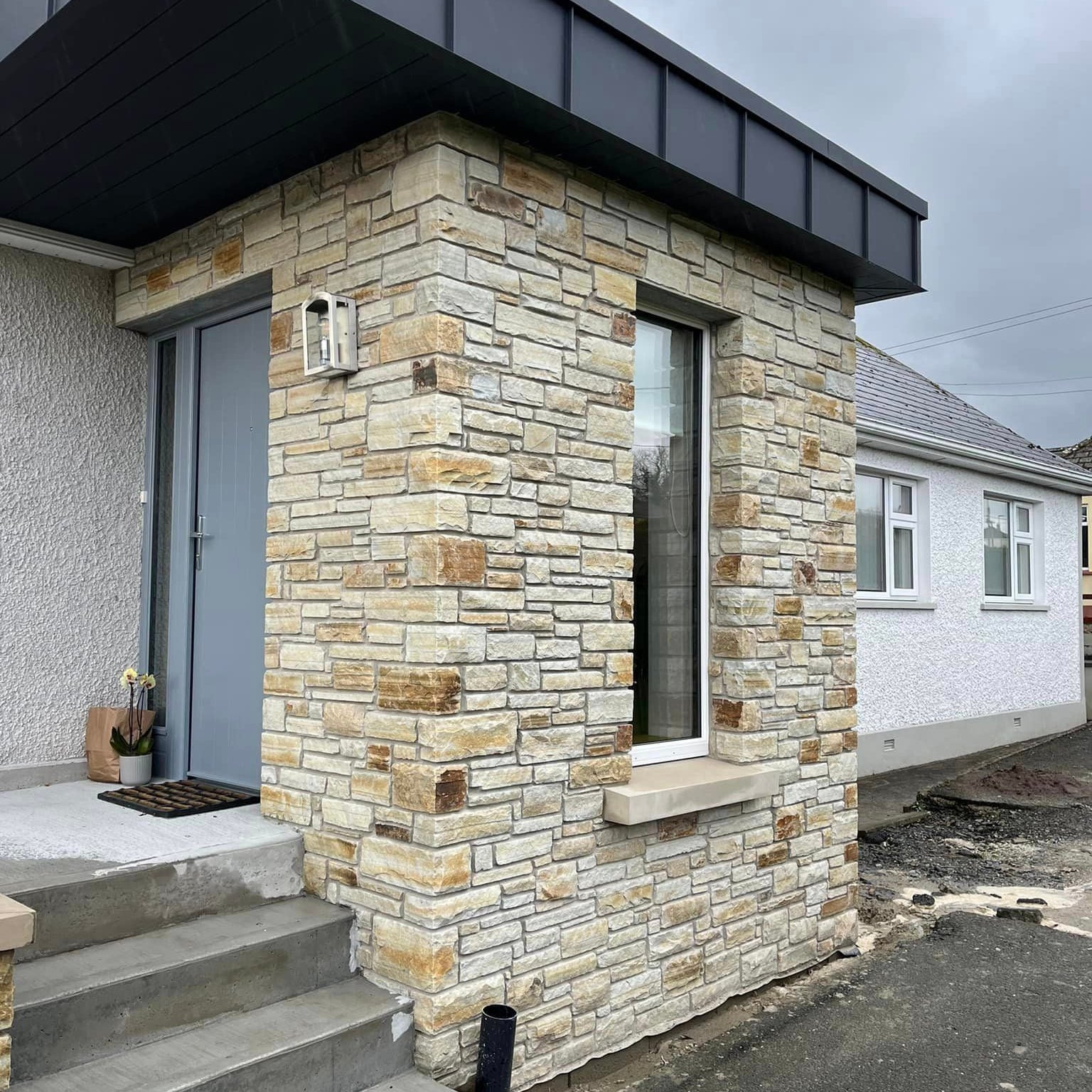 Porch extension completed using Gold Donegal Quartzite Machined walling stone.