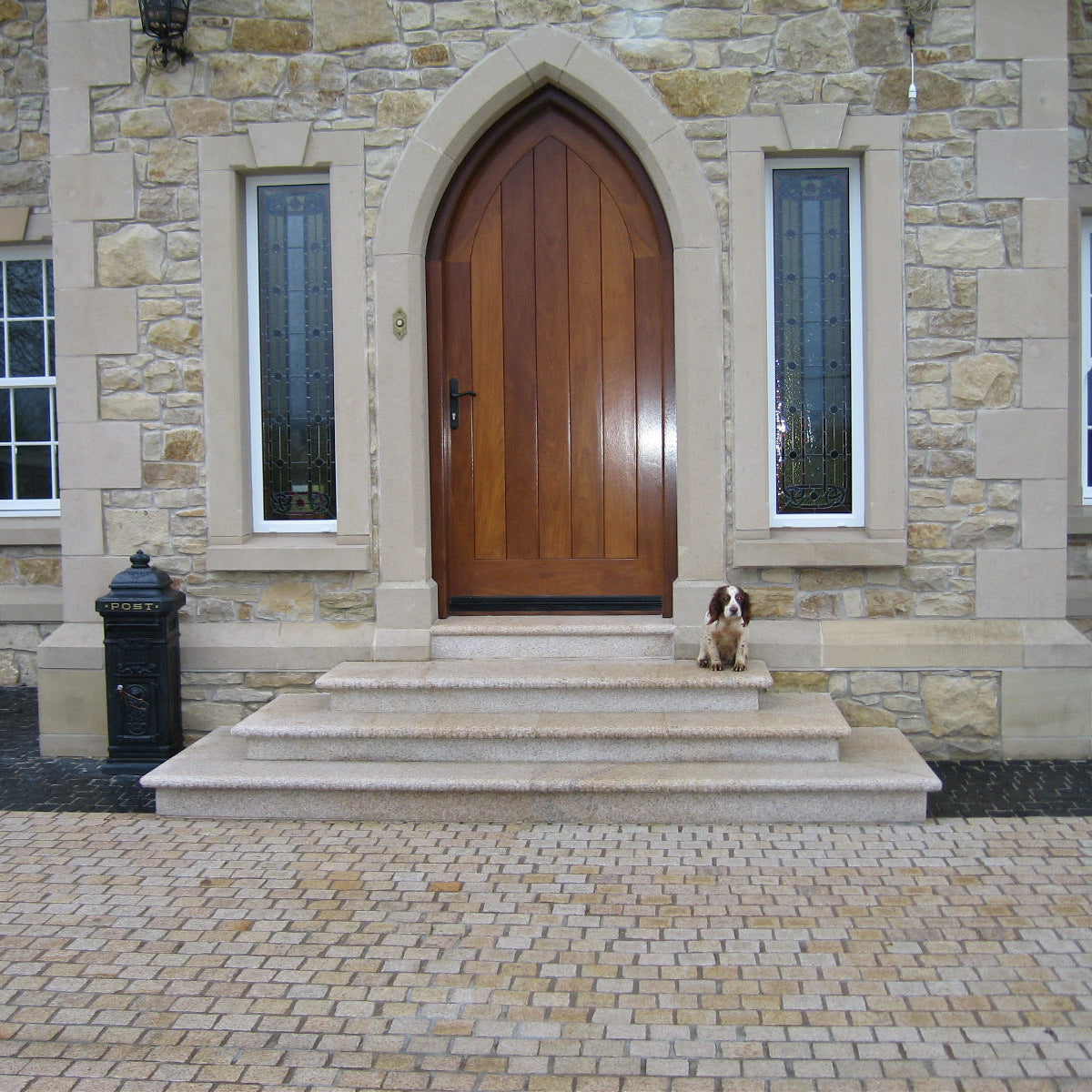 Wooden door with stone façade and dog on Gold Granite Steps. 