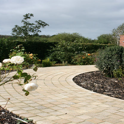 A curved pathway laid with sawn gold granite paving cobbles surrounded by greenery and a flower bush in the foreground.