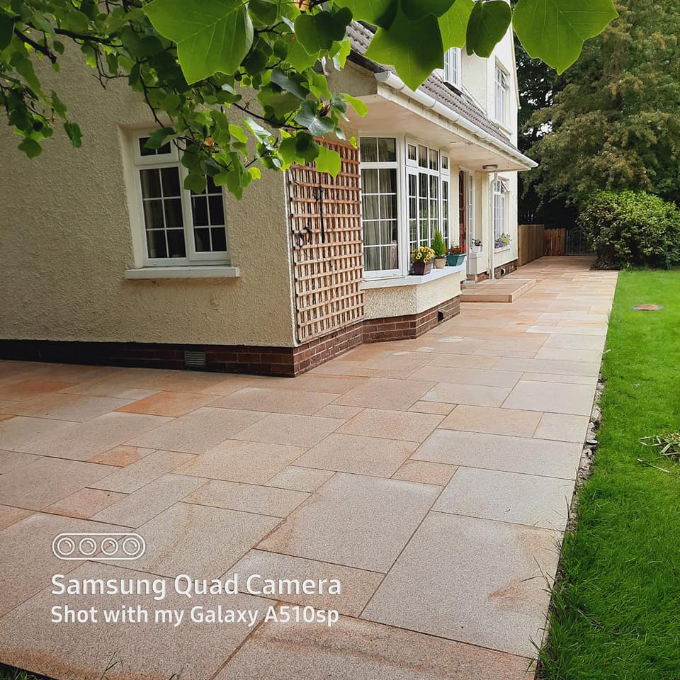 Patio paving installed using Gold Granite Patio Packs. 