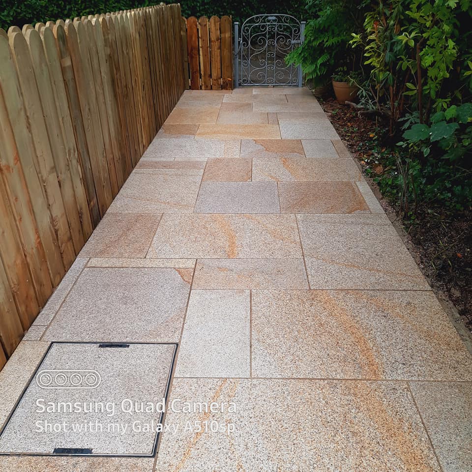 Pathway to road completed using Gold Granite Paving in patio pack mixed sizes. 