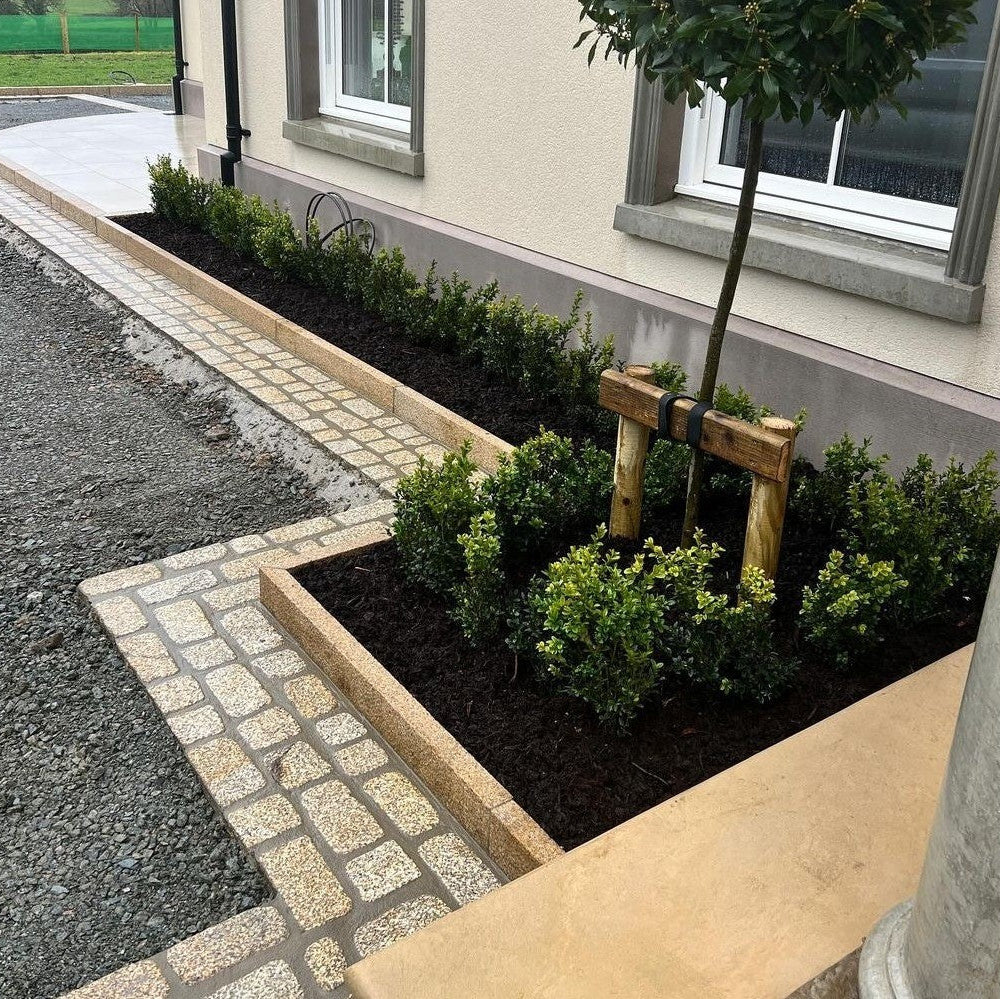 Landscaped garden bed with plants and a small tree in front of a building. Beds are edged with Gold Granite Pin Kerbs. 