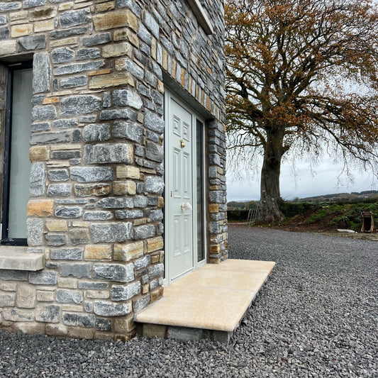 Stone building with a door and tree in the background. Gold Granite Step leading to front door. 