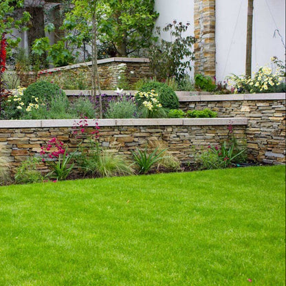 Beautiful garden walls completed using our Gold Donegal Quartzite Garden Walling in rugged form. 