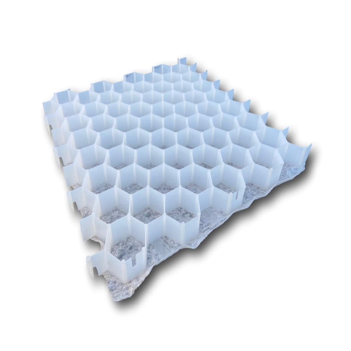 A white gravel stabilisation grid with a honeycomb structure and a nonwoven, mechanically bonded geotextile membrane at the bottom.