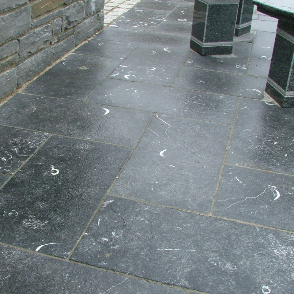 Close up of Irish Blue Limestone Paving installed at McMonagle Stone's Head Office Display Area in Mountcharles, Co. Donegal.