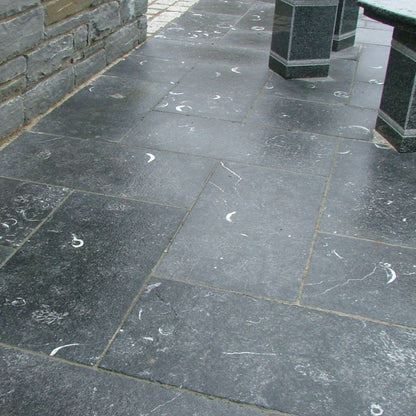 Close up of Irish Blue Limestone Paving installed at McMonagle Stone's Head Office Display Area in Mountcharles, Co. Donegal.