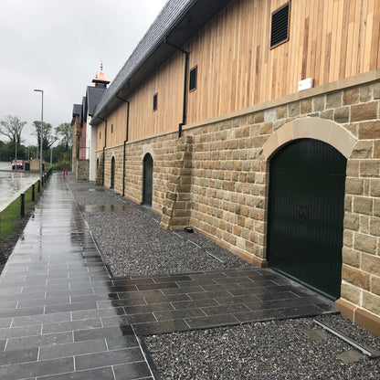 Commercial building with pathway finished in Irish Blue Limestone Paving.