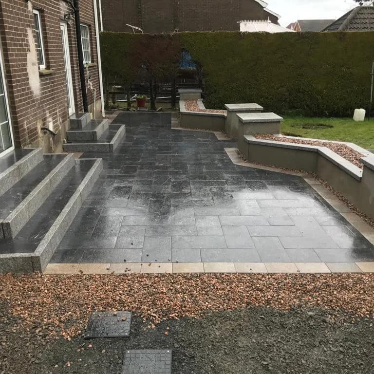 Patio area and steps completed with Irish Blue Limestone Paving. 