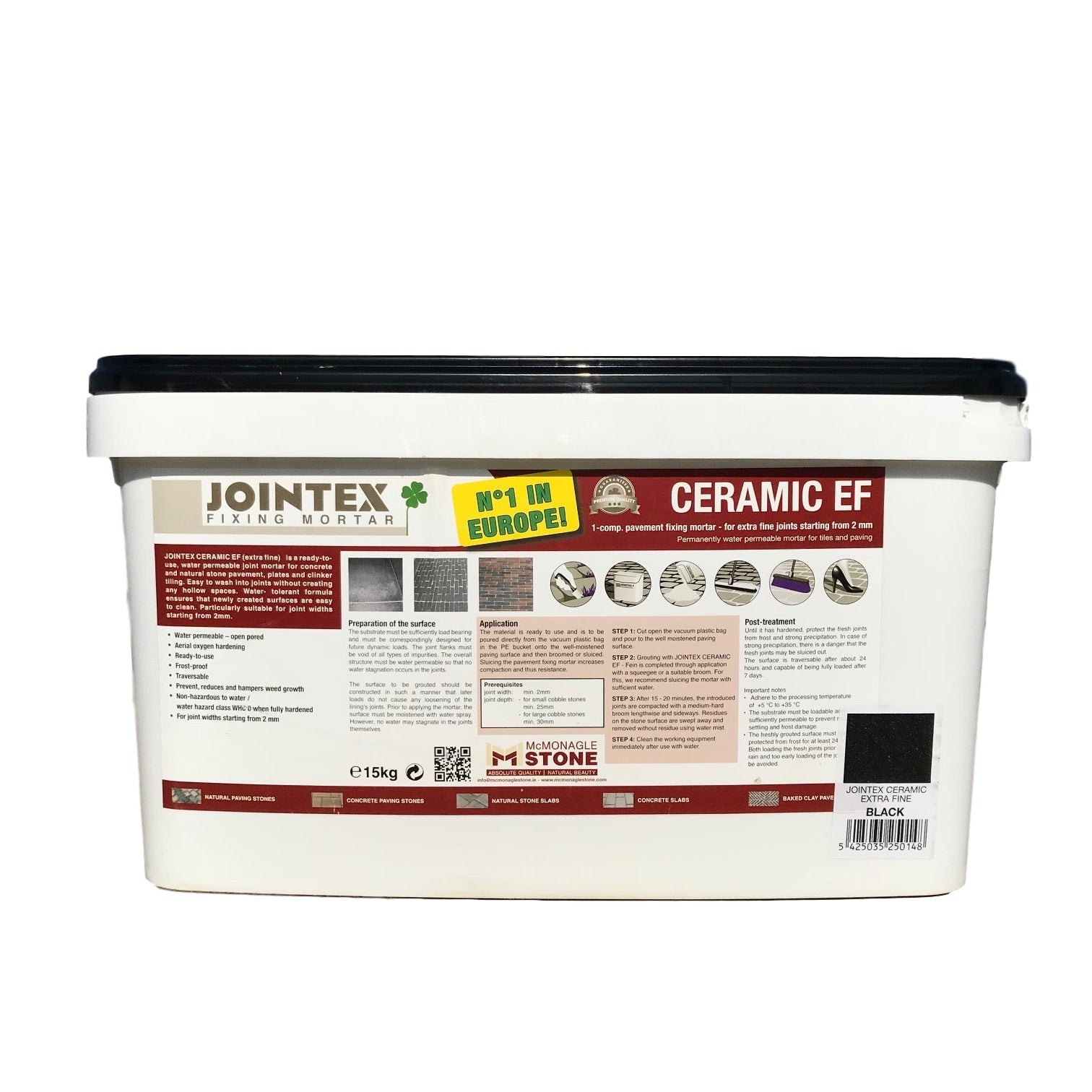 A white tub of JOINTEX Easy Extra Fine joint mortar in Basalt color, with product details and branding on the label.