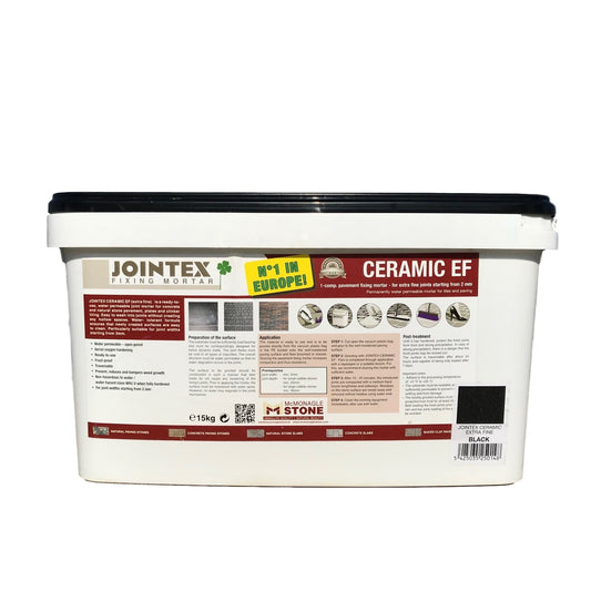 A white tub of JOINTEX Easy Extra Fine joint mortar in Basalt color, with product details and branding on the label.