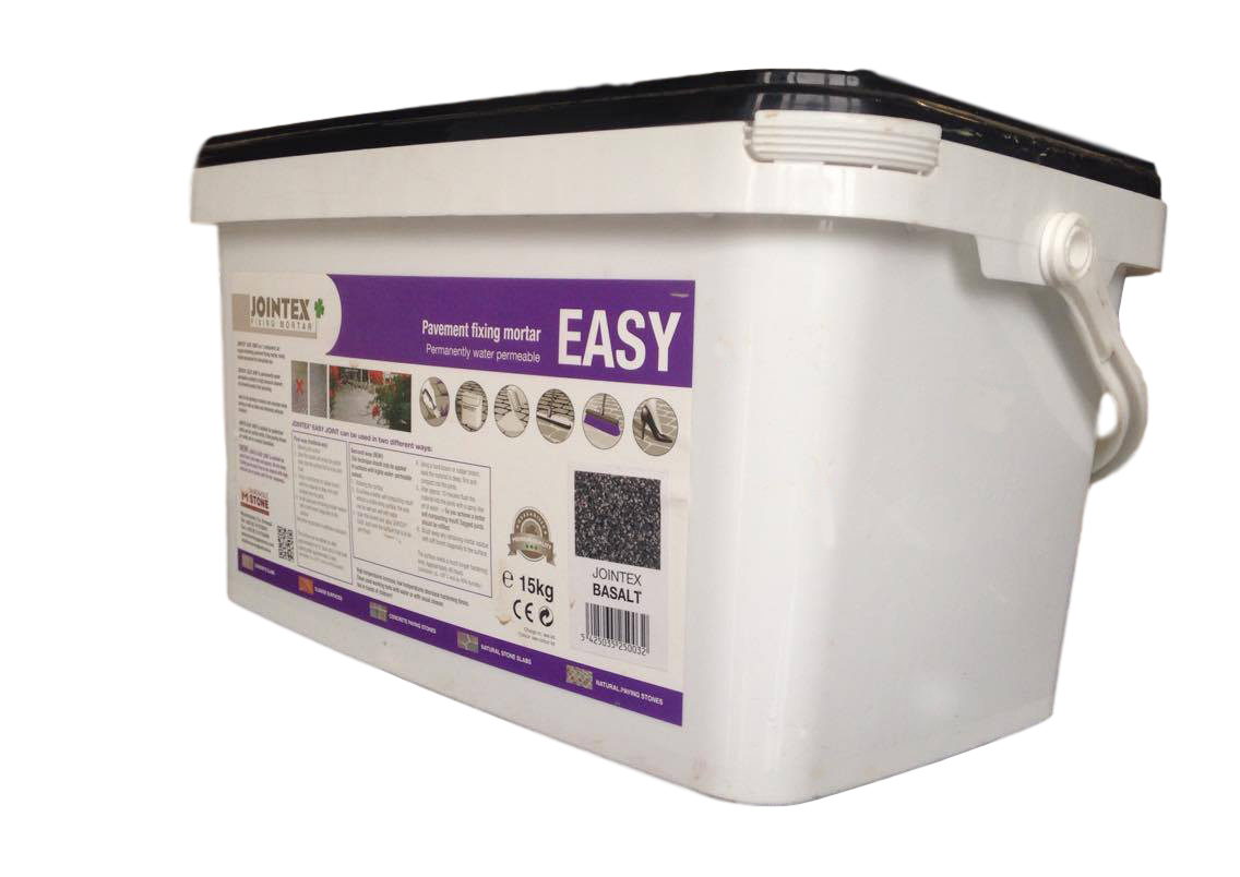 A 15kg tub of JOINTEX Easy Joint pavement mortar in Basalt colour on a white background.
